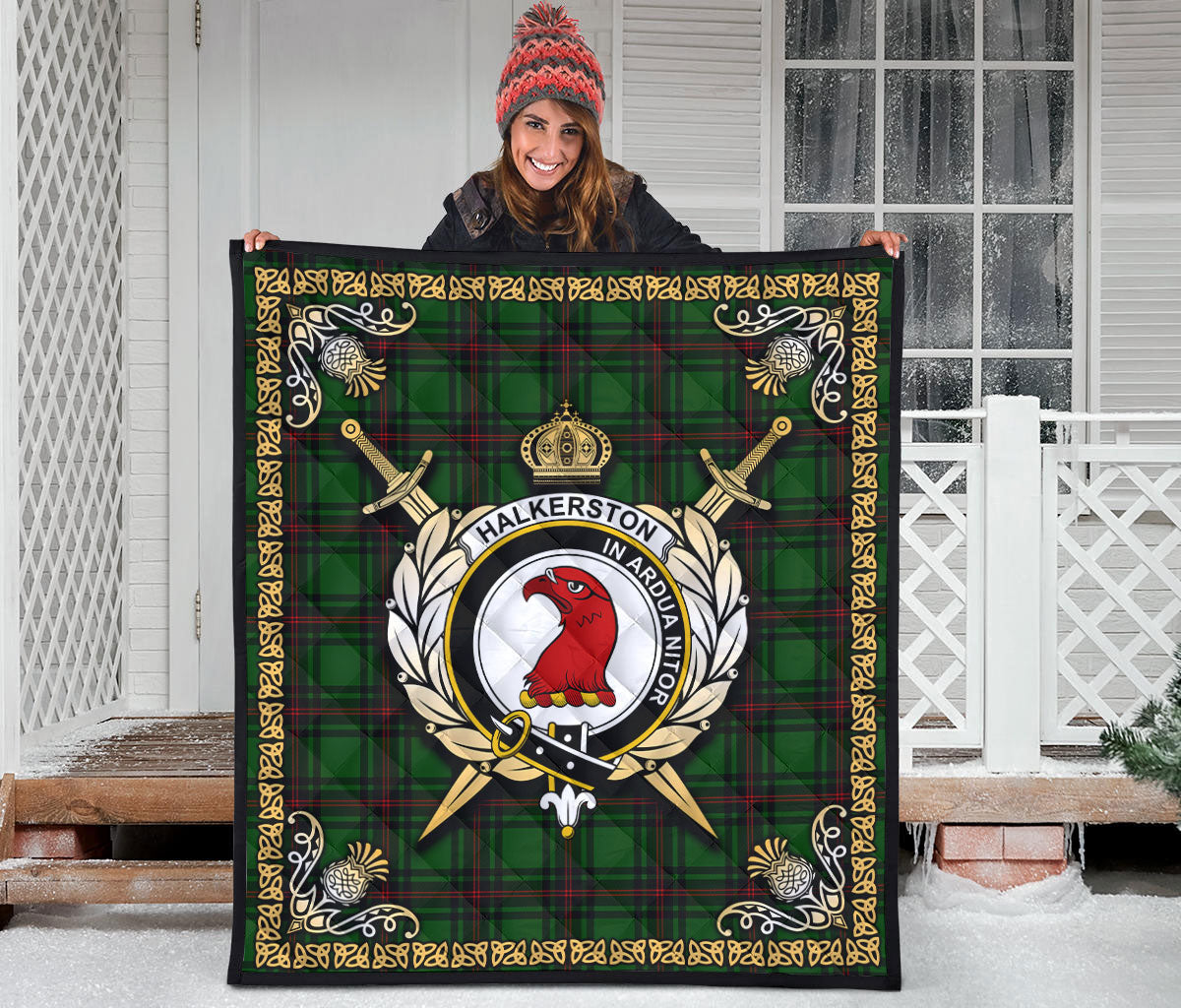 Halkerston Tartan Crest Premium Quilt - Celtic Thistle Style