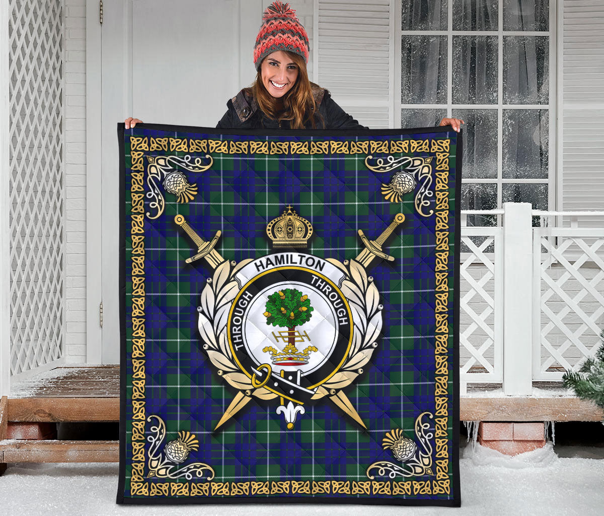 Hamilton Hunting Modern Tartan Crest Premium Quilt - Celtic Thistle Style