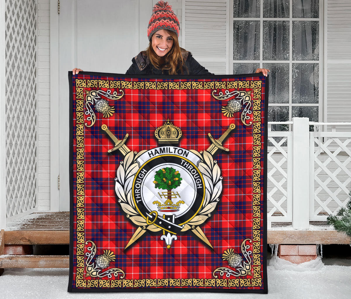 Hamilton Modern Tartan Crest Premium Quilt - Celtic Thistle Style