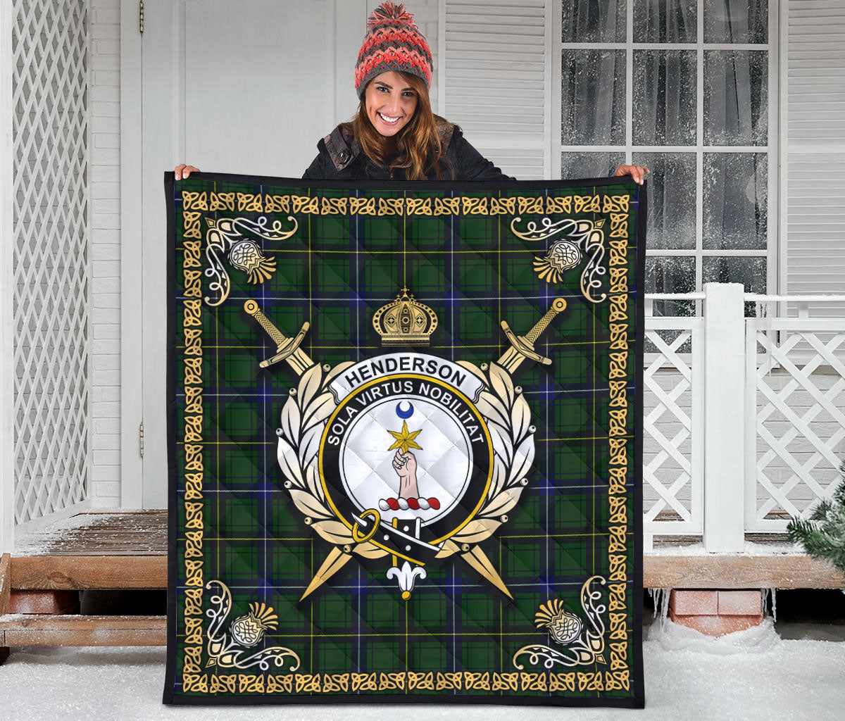 Henderson Modern Tartan Crest Premium Quilt - Celtic Thistle Style