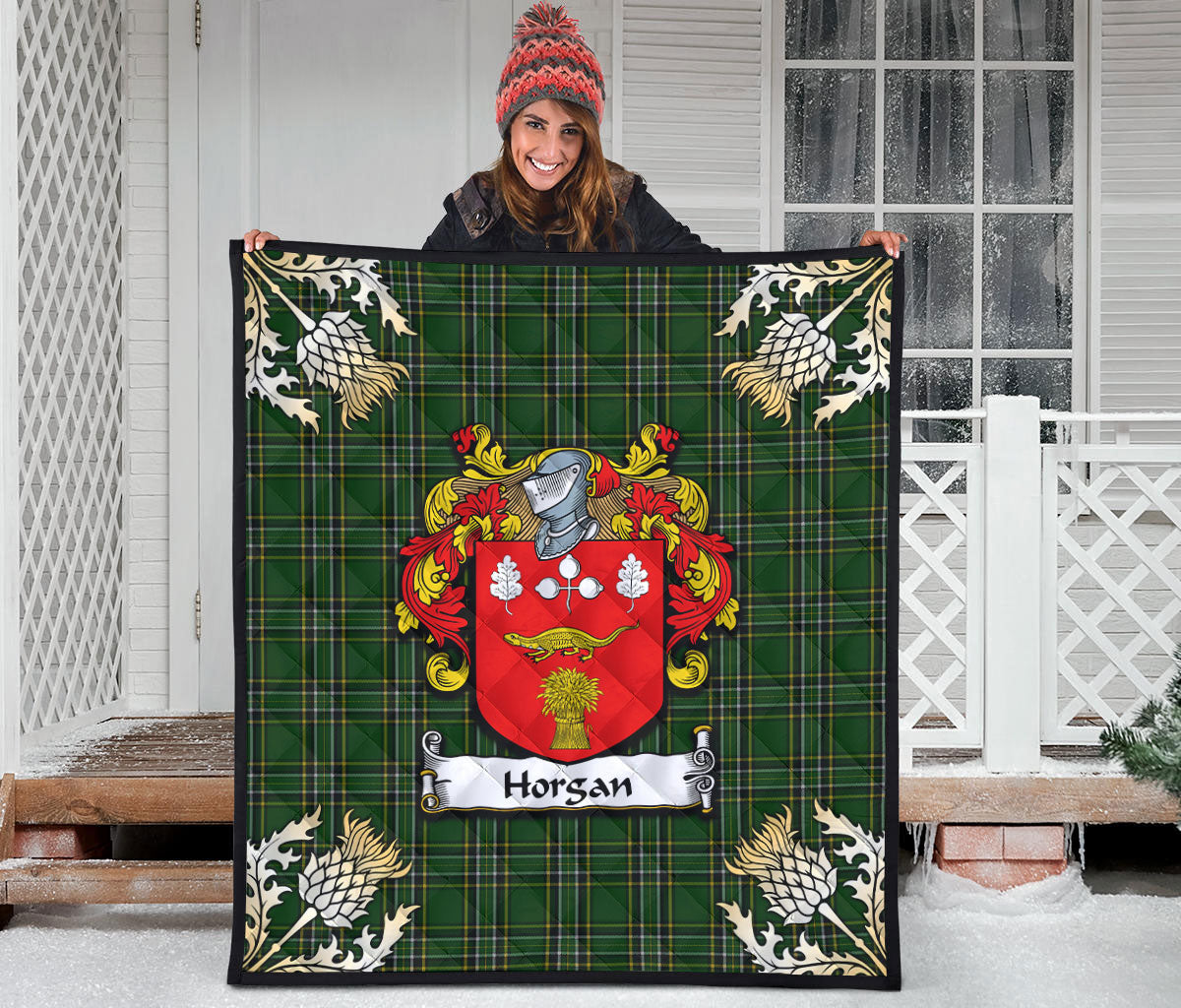 Horgan Tartan Crest Premium Quilt - Gold Thistle Style