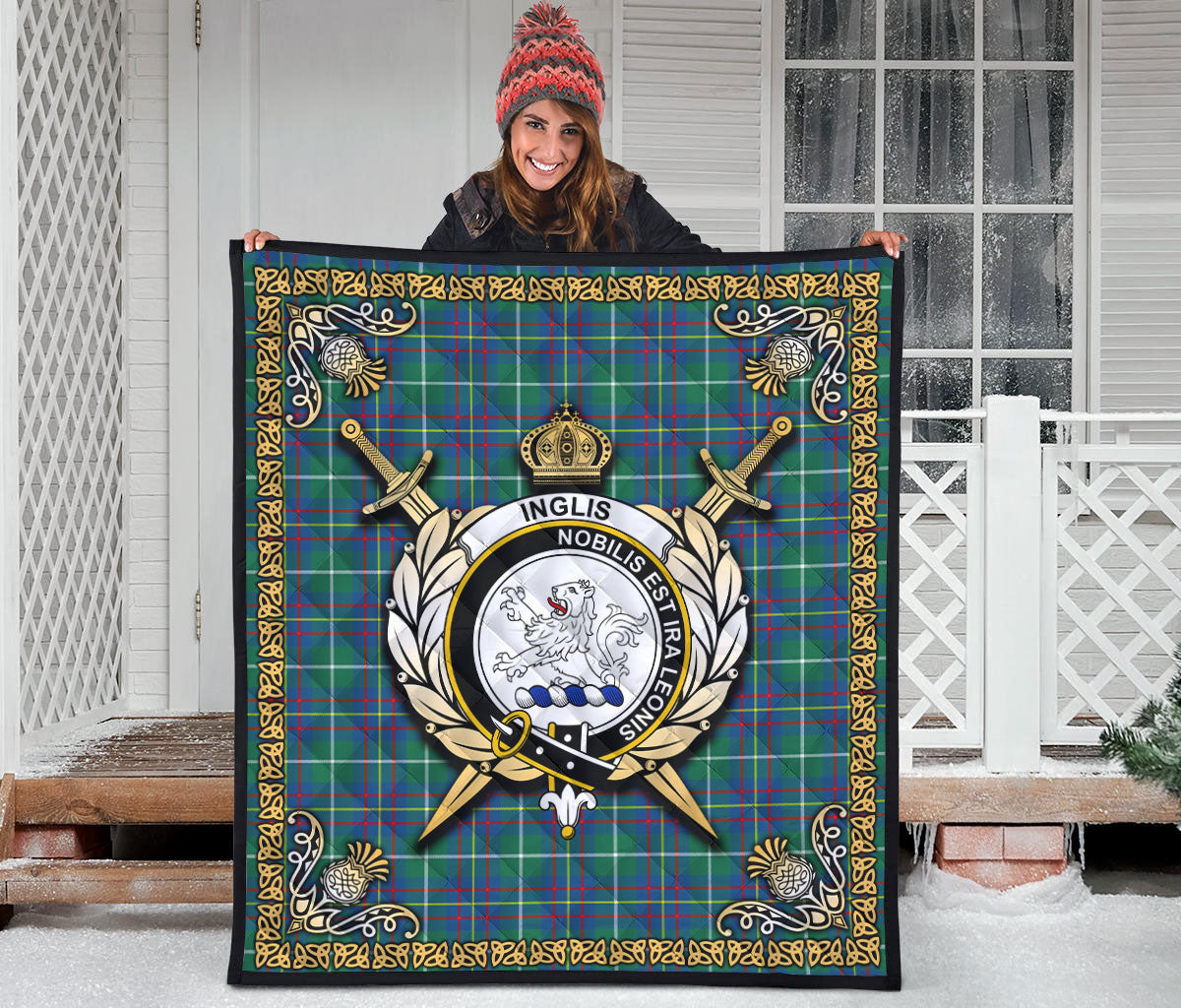 Inglis Ancient Tartan Crest Premium Quilt - Celtic Thistle Style