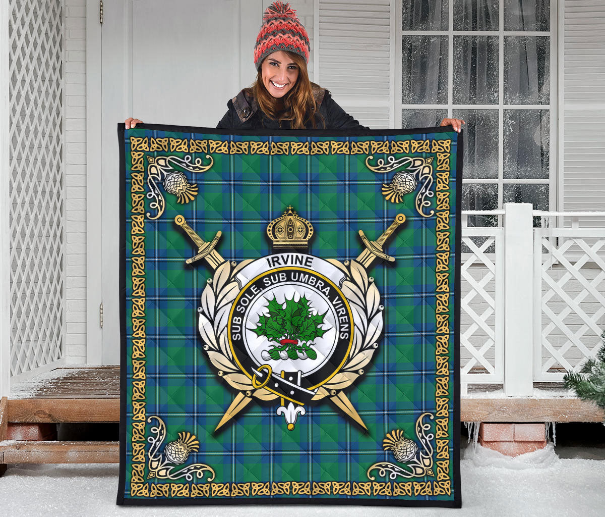 Irvine Ancient Tartan Crest Premium Quilt - Celtic Thistle Style