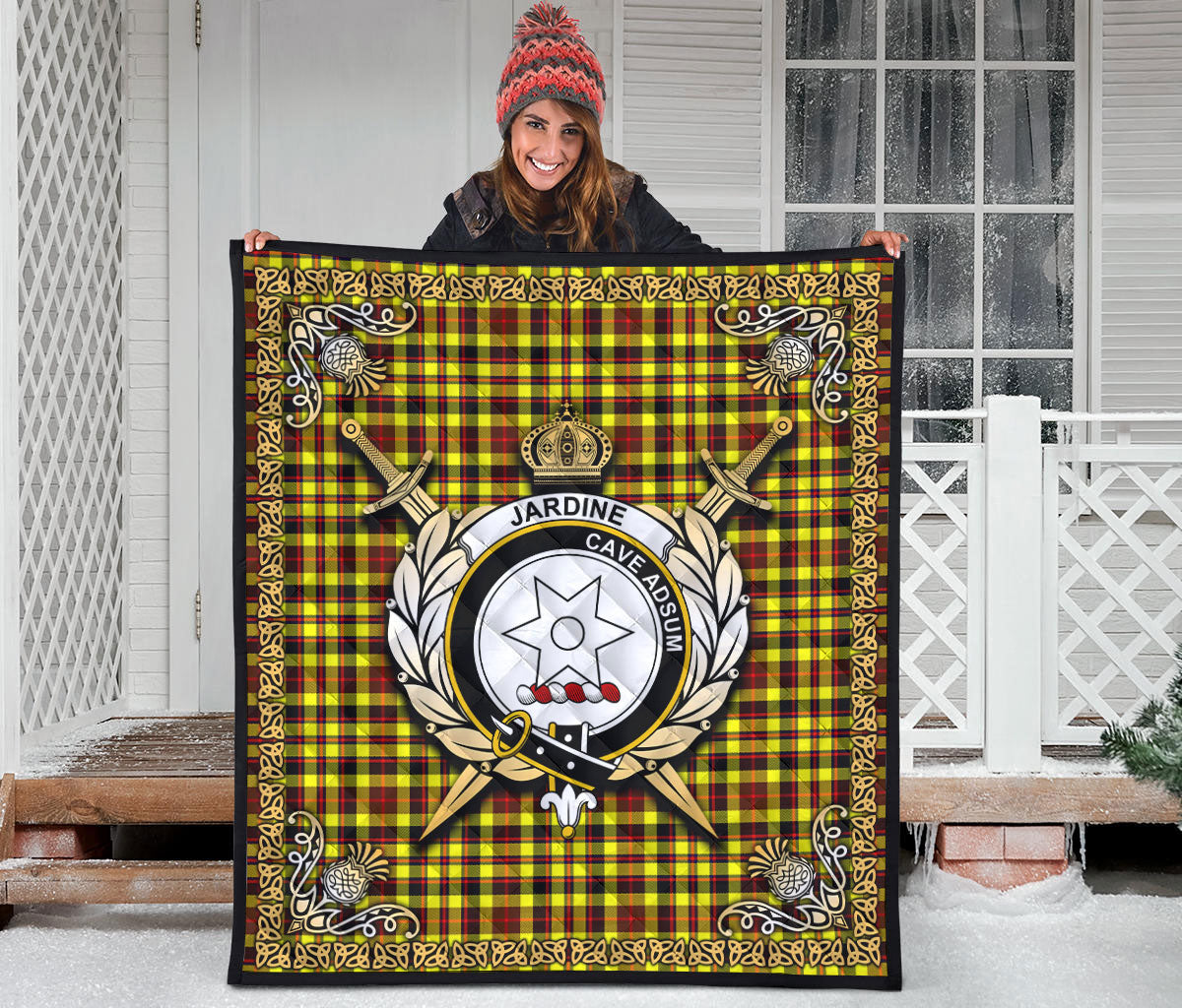 Jardine Tartan Crest Premium Quilt - Celtic Thistle Style