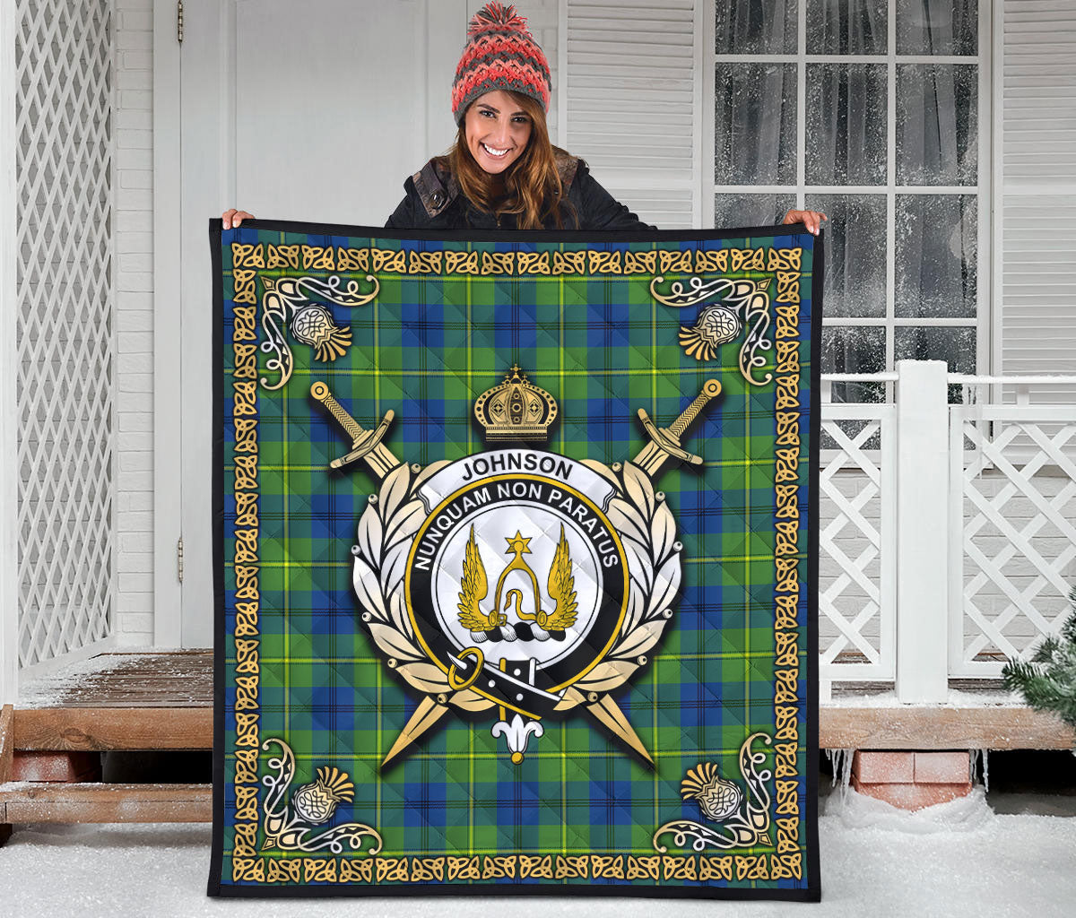 Johnson Ancient Tartan Crest Premium Quilt - Celtic Thistle Style