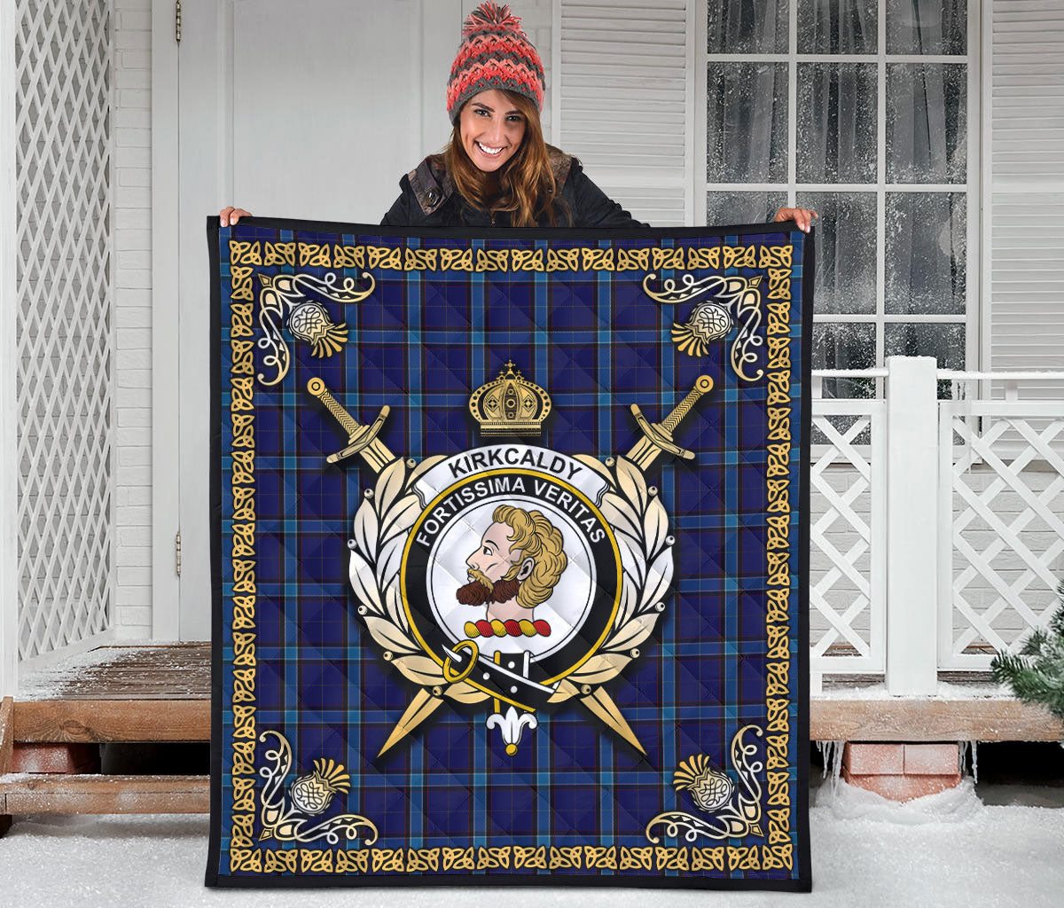 Kirkcaldy Tartan Crest Premium Quilt - Celtic Thistle Style