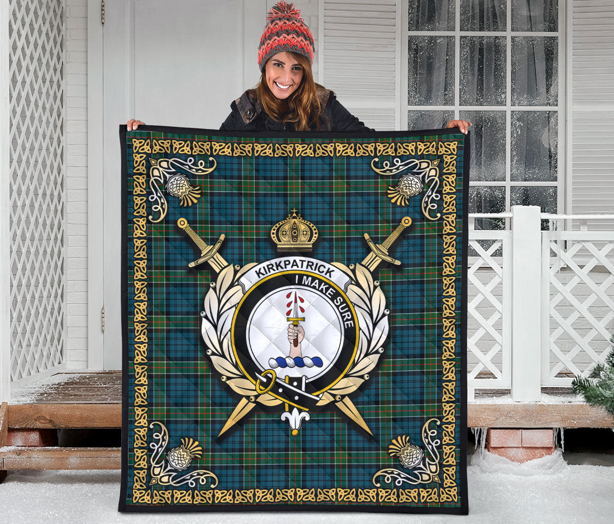 Kirkpatrick Ancient Tartan Crest Premium Quilt - Celtic Thistle Style