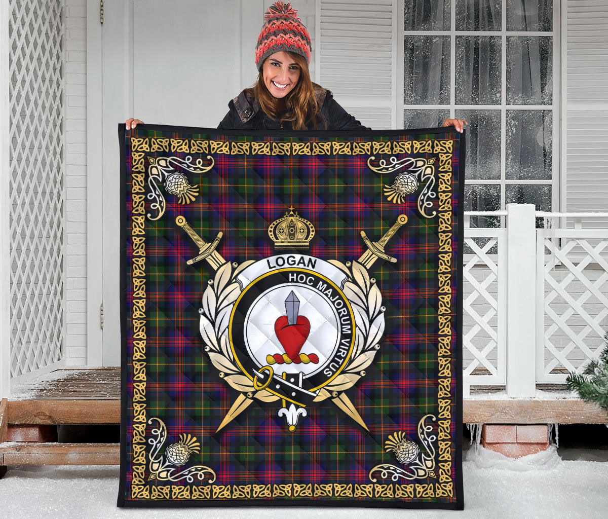 Logan Modern Tartan Crest Premium Quilt - Celtic Thistle Style