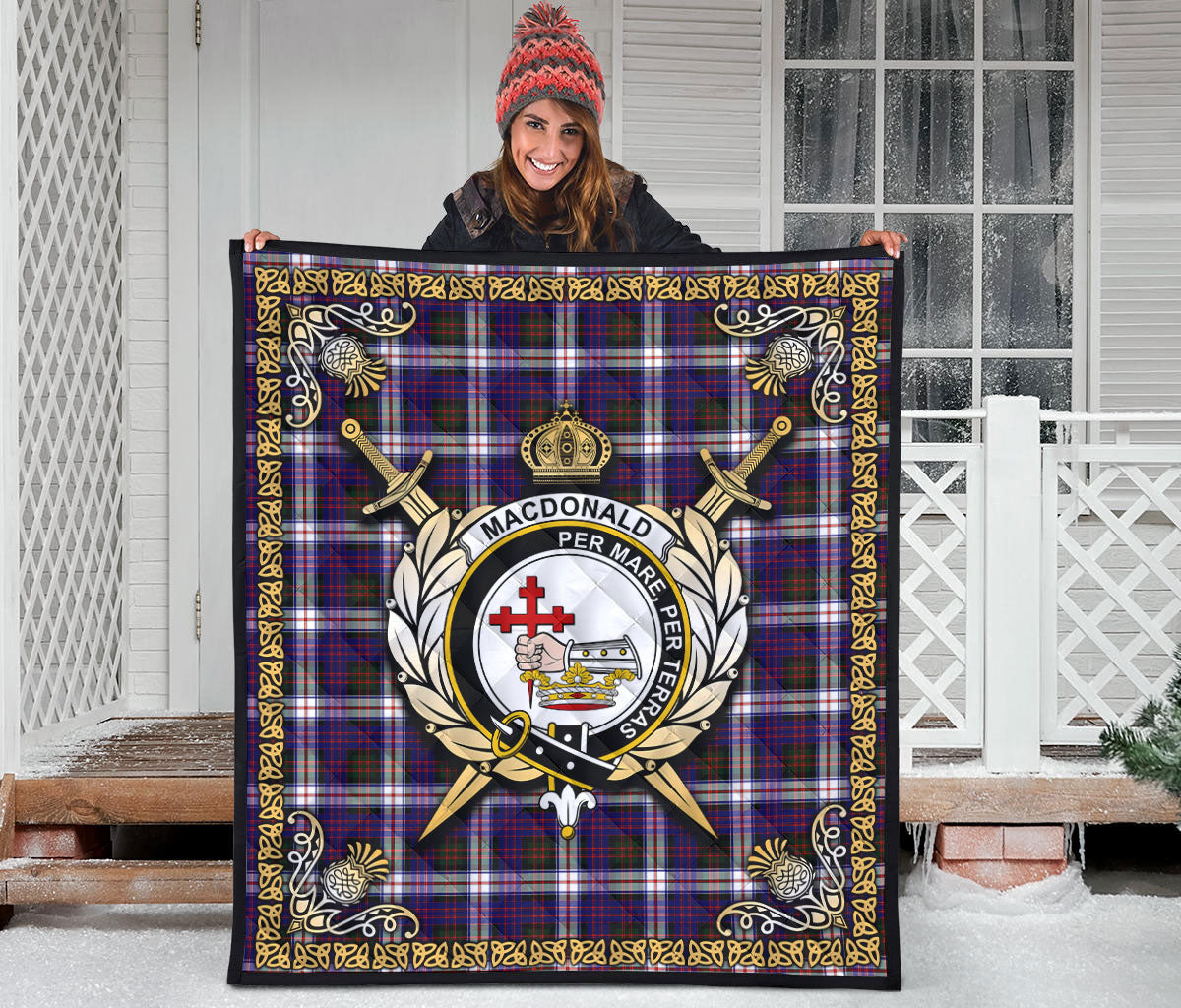 MacDonald Dress Modern Tartan Crest Premium Quilt - Celtic Thistle Style