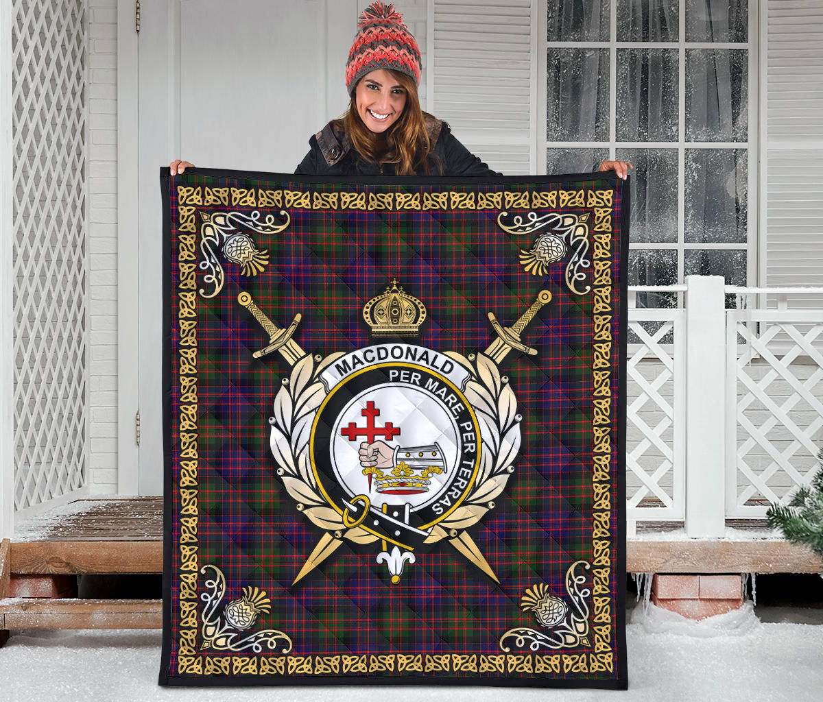 MacDonald Modern Tartan Crest Premium Quilt - Celtic Thistle Style