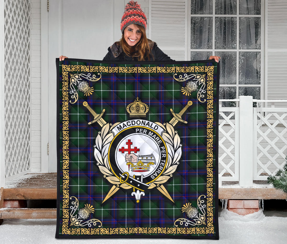 MacDonald of the Isles Hunting Modern Tartan Crest Premium Quilt - Celtic Thistle Style