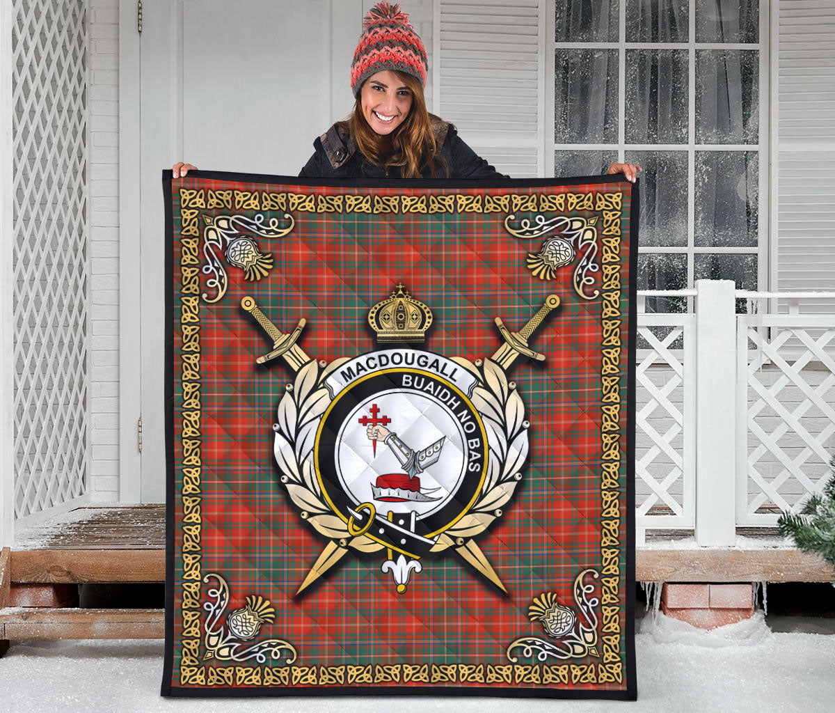 MacDougall Ancient Tartan Crest Premium Quilt - Celtic Thistle Style