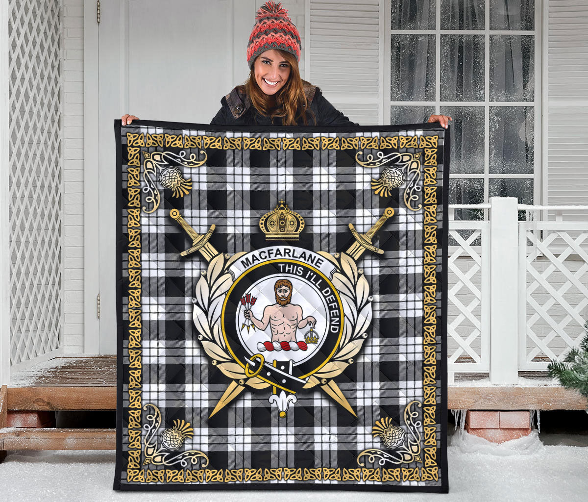 MacFarlane Black _ White Tartan Crest Premium Quilt - Celtic Thistle Style