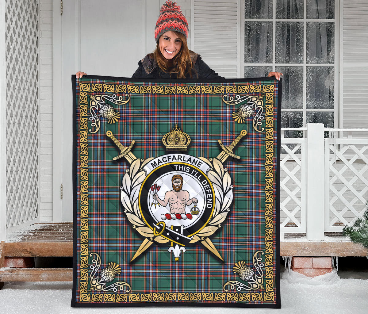 MacFarlane Hunting Ancient Tartan Crest Premium Quilt - Celtic Thistle Style