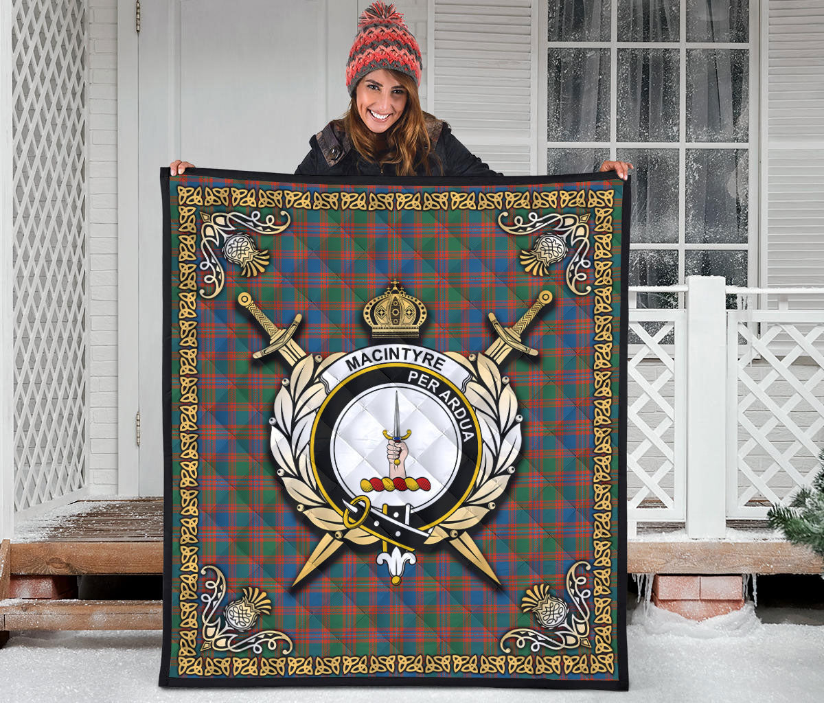 MacIntyre Ancient Tartan Crest Premium Quilt - Celtic Thistle Style