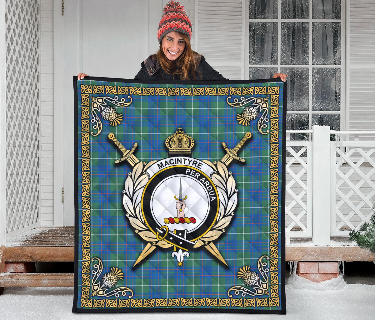 MacIntyre Hunting Ancient Tartan Crest Premium Quilt - Celtic Thistle Style