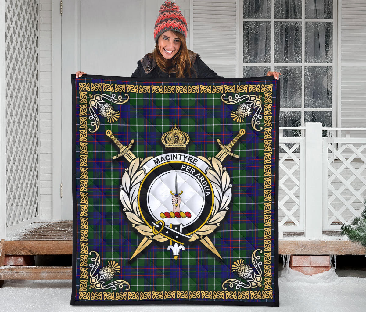 MacIntyre Hunting Modern Tartan Crest Premium Quilt - Celtic Thistle Style