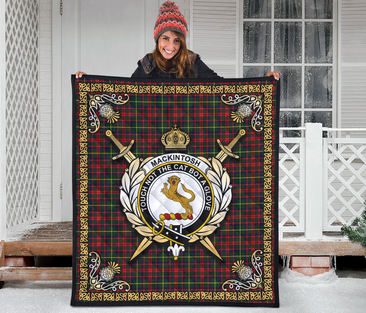 MacKintosh Hunting Modern Tartan Crest Premium Quilt - Celtic Thistle Style