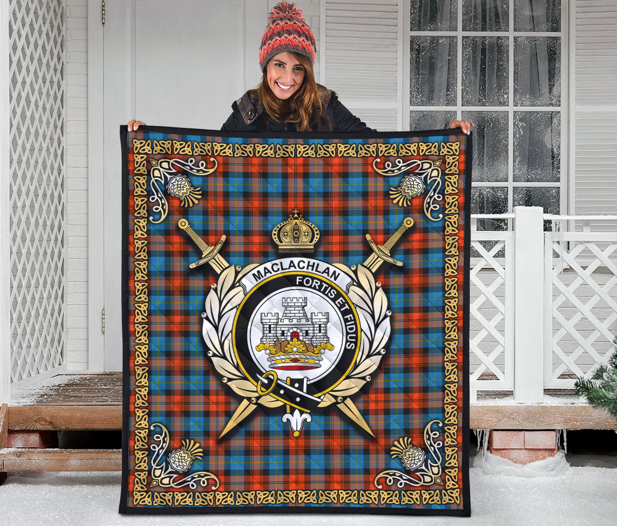 MacLachlan Ancient Tartan Crest Premium Quilt - Celtic Thistle Style