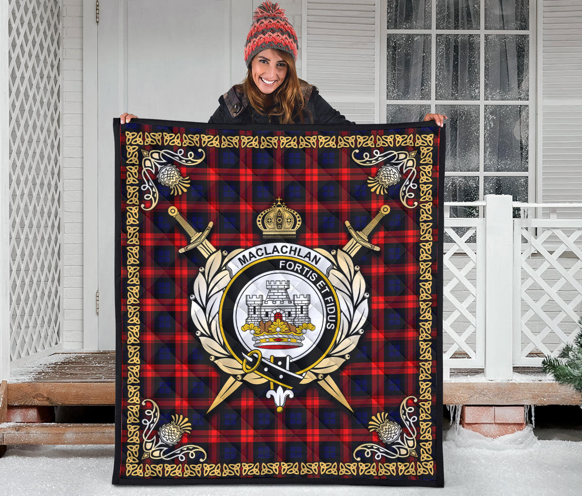 MacLachlan Modern Tartan Crest Premium Quilt - Celtic Thistle Style