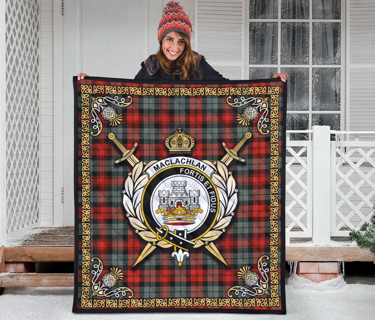 MacLachlan Weathered Tartan Crest Premium Quilt - Celtic Thistle Style