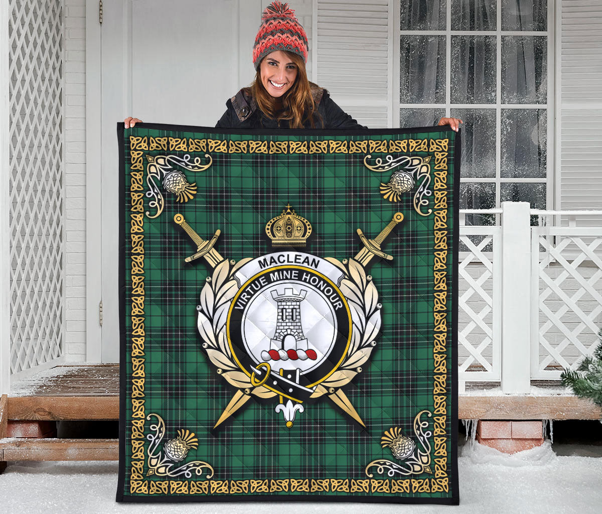 MacLean Hunting Ancient Tartan Crest Premium Quilt - Celtic Thistle Style