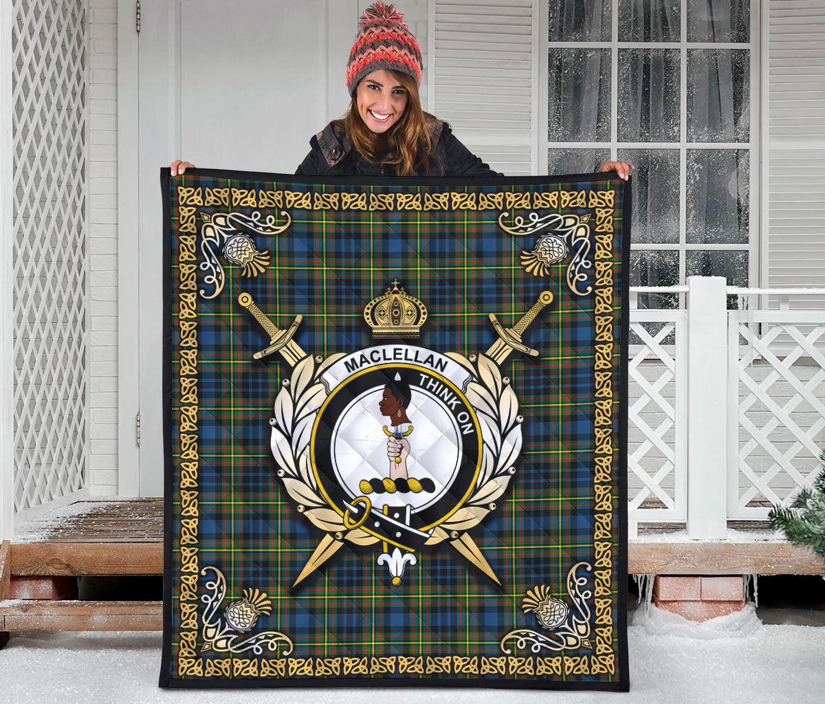 MacLellan Ancient Tartan Crest Premium Quilt - Celtic Thistle Style