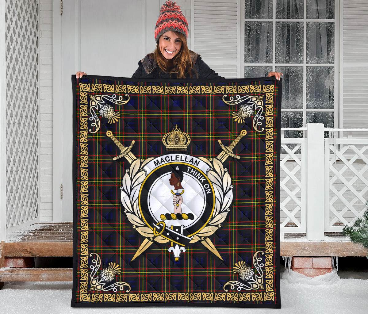 MacLellan Modern Tartan Crest Premium Quilt - Celtic Thistle Style