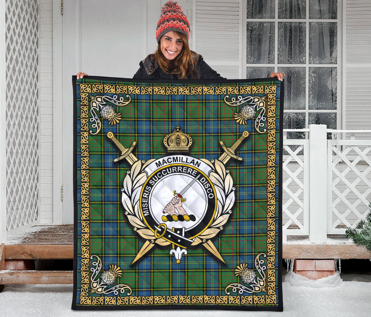 MacMillan Hunting Ancient Tartan Crest Premium Quilt - Celtic Thistle Style