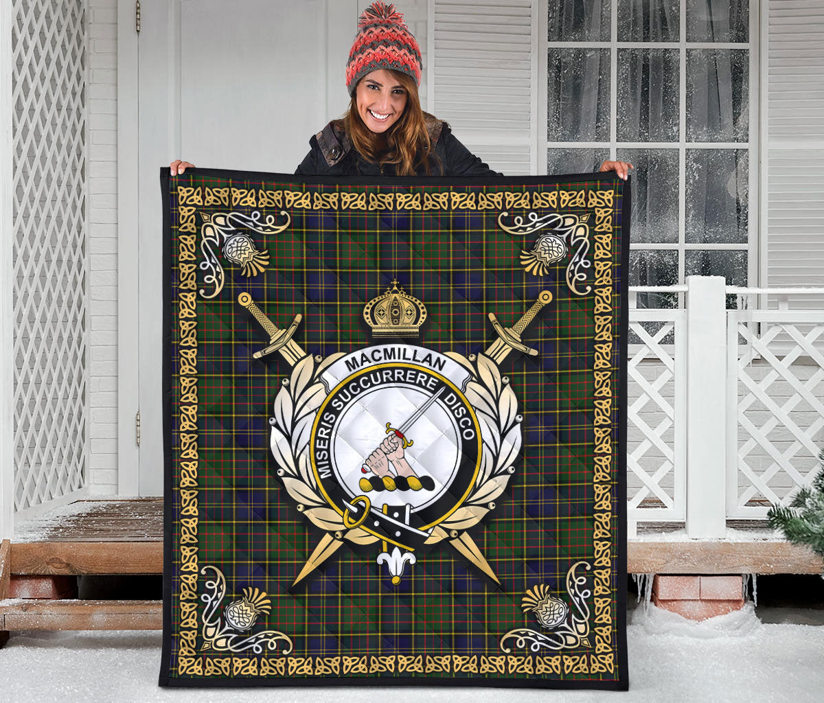 MacMillan Hunting Modern Tartan Crest Premium Quilt - Celtic Thistle Style