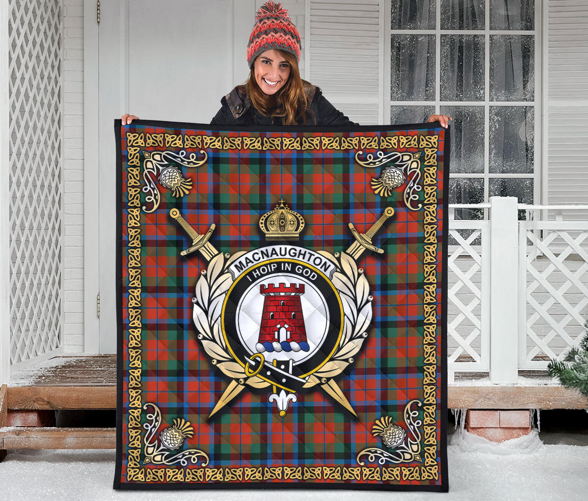 MacNaughton Ancient Tartan Crest Premium Quilt - Celtic Thistle Style