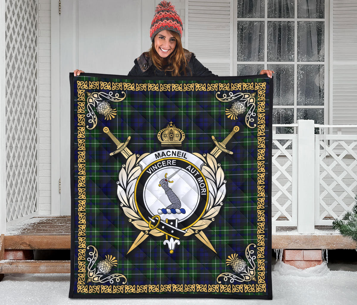 MacNeil of Colonsay Modern Tartan Crest Premium Quilt - Celtic Thistle Style