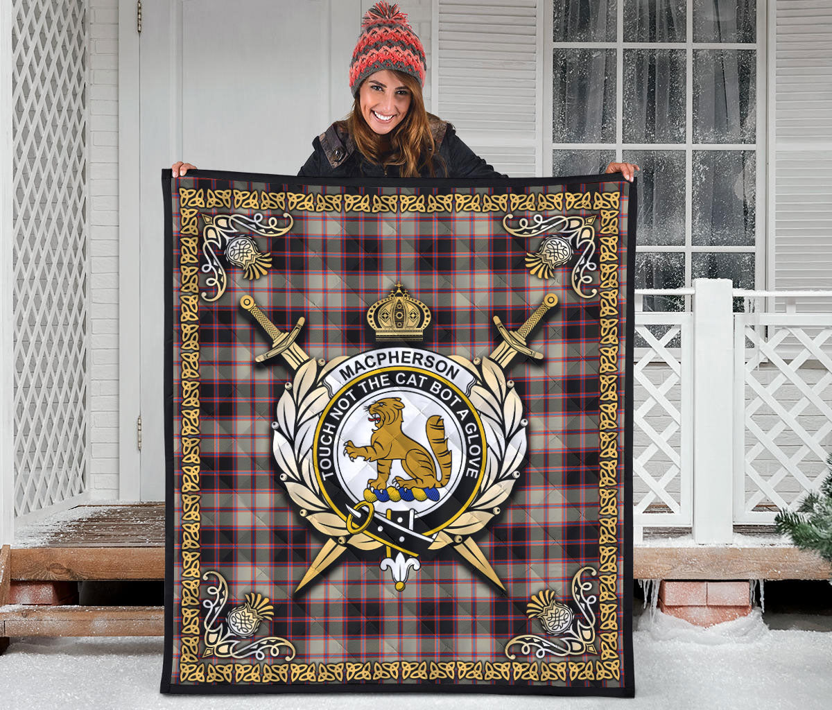 MacPherson Hunting Ancient Tartan Crest Premium Quilt - Celtic Thistle Style