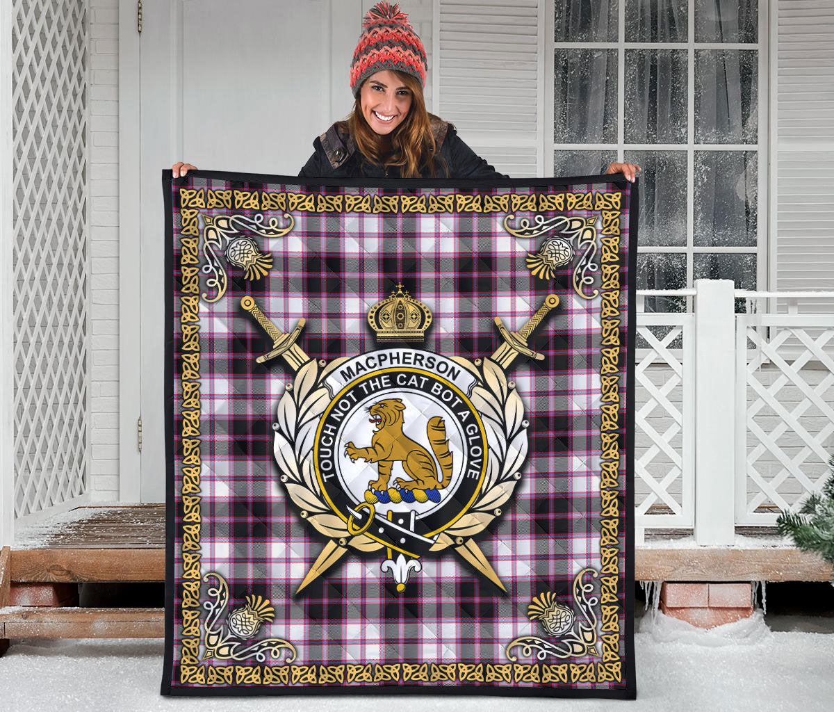 MacPherson Hunting Modern Tartan Crest Premium Quilt - Celtic Thistle Style