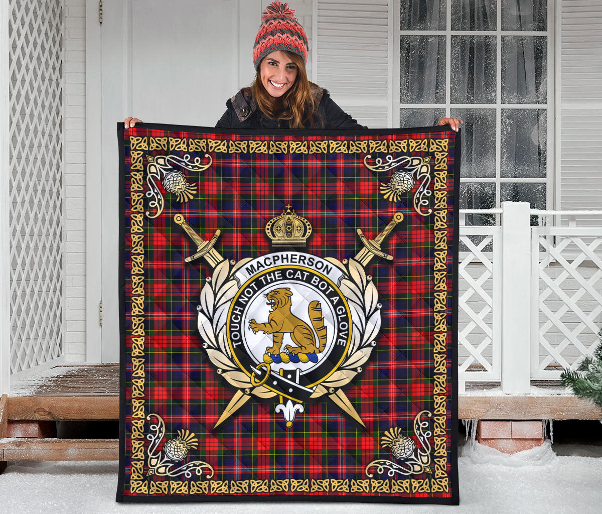 MacPherson Modern Tartan Crest Premium Quilt - Celtic Thistle Style