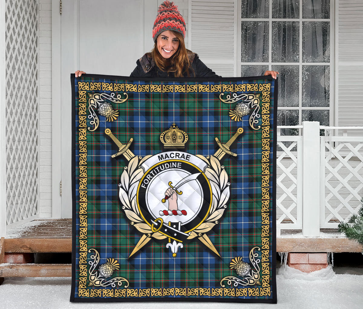 MacRae Hunting Ancient Tartan Crest Premium Quilt - Celtic Thistle Style