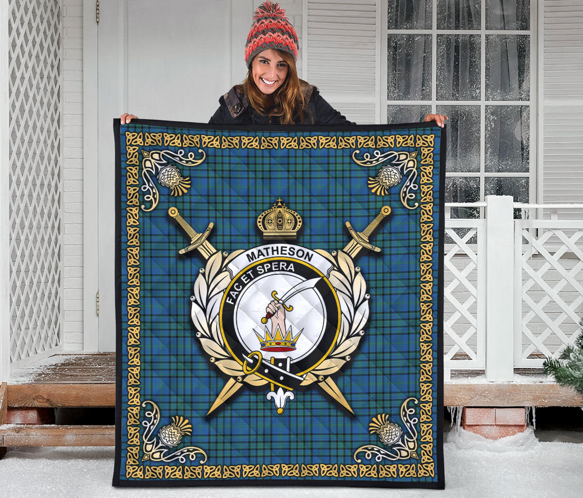 Matheson Hunting Ancient Tartan Crest Premium Quilt - Celtic Thistle Style