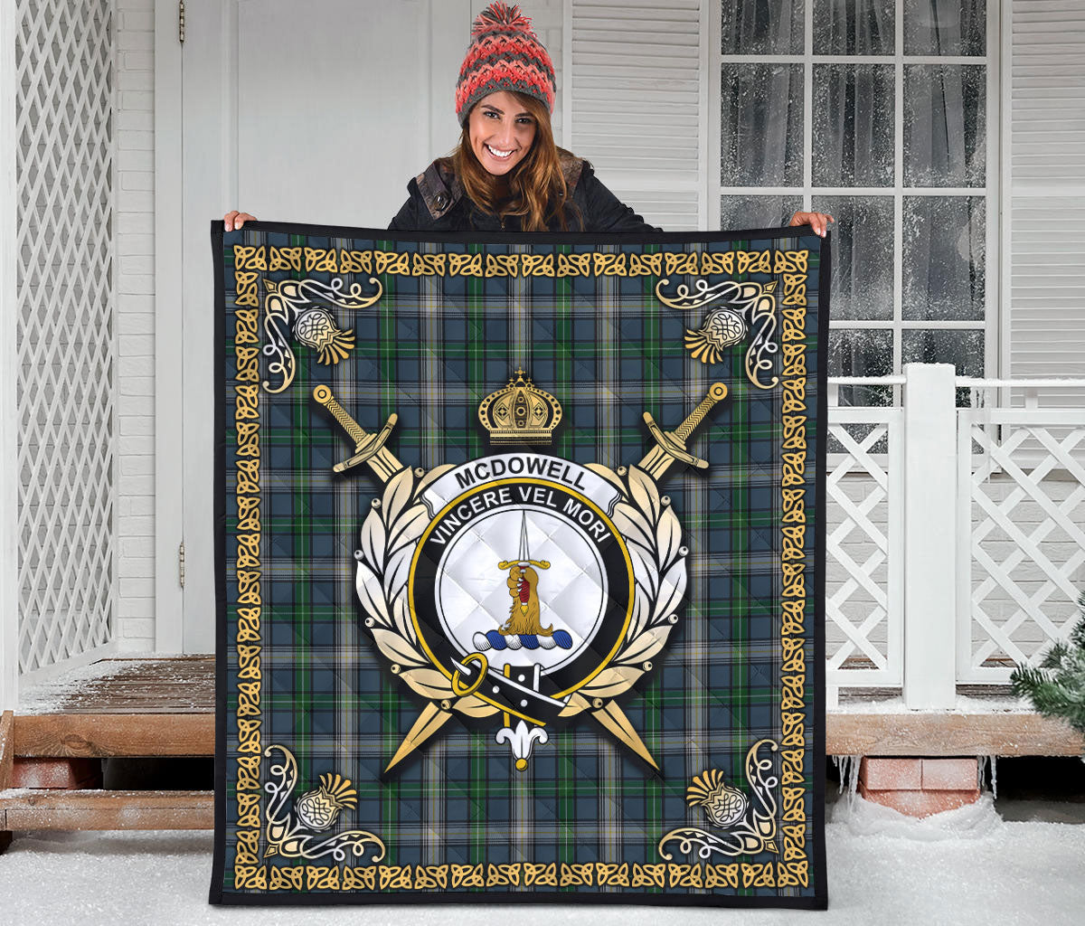 McDowell (MacDowell) Tartan Crest Premium Quilt - Celtic Thistle Style