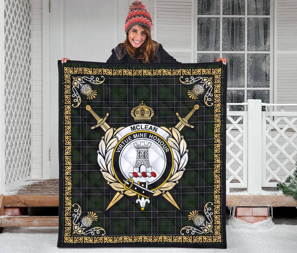 McLean Hunting Tartan Crest Premium Quilt - Celtic Thistle Style