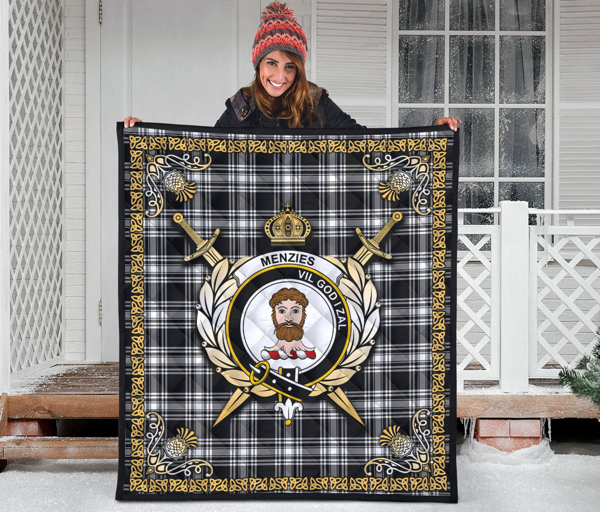 Menzies Black _ White Modern Tartan Crest Premium Quilt - Celtic Thistle Style