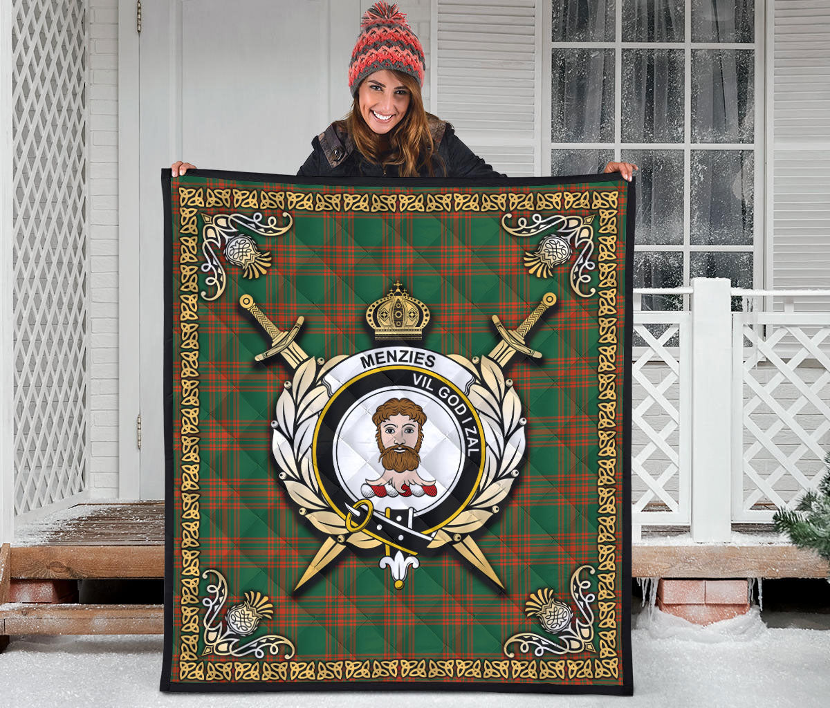 Menzies Green Ancient Tartan Crest Premium Quilt - Celtic Thistle Style