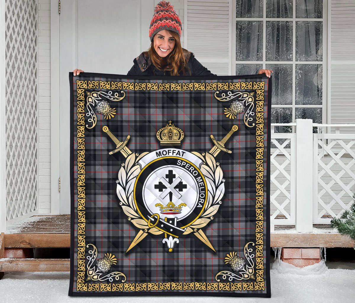 Moffat Modern Tartan Crest Premium Quilt - Celtic Thistle Style