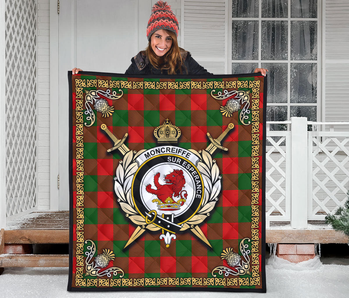 Moncreiffe (or Moncreiff) Tartan Crest Premium Quilt - Celtic Thistle Style