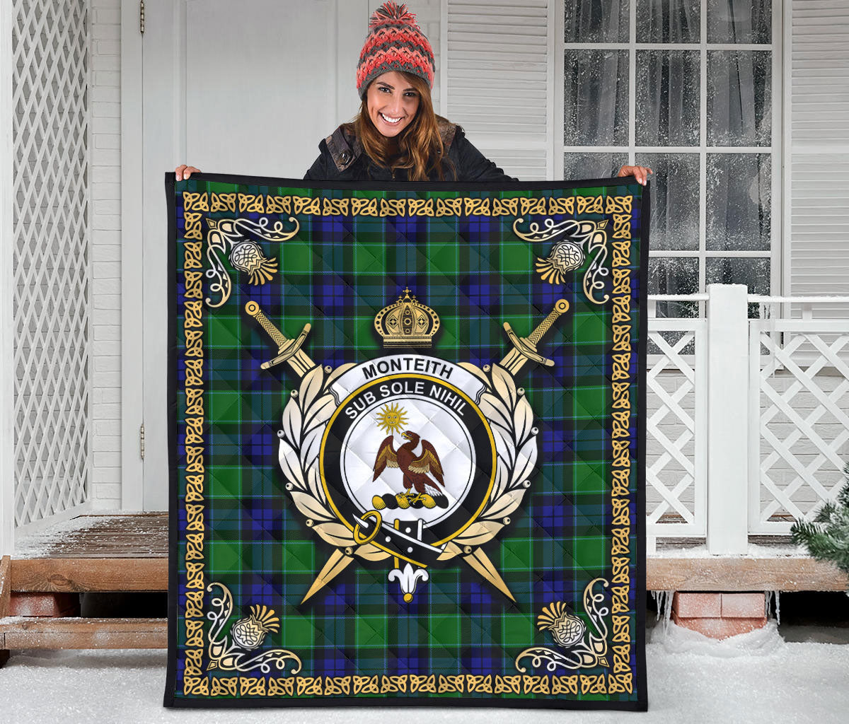 Monteith Tartan Crest Premium Quilt - Celtic Thistle Style