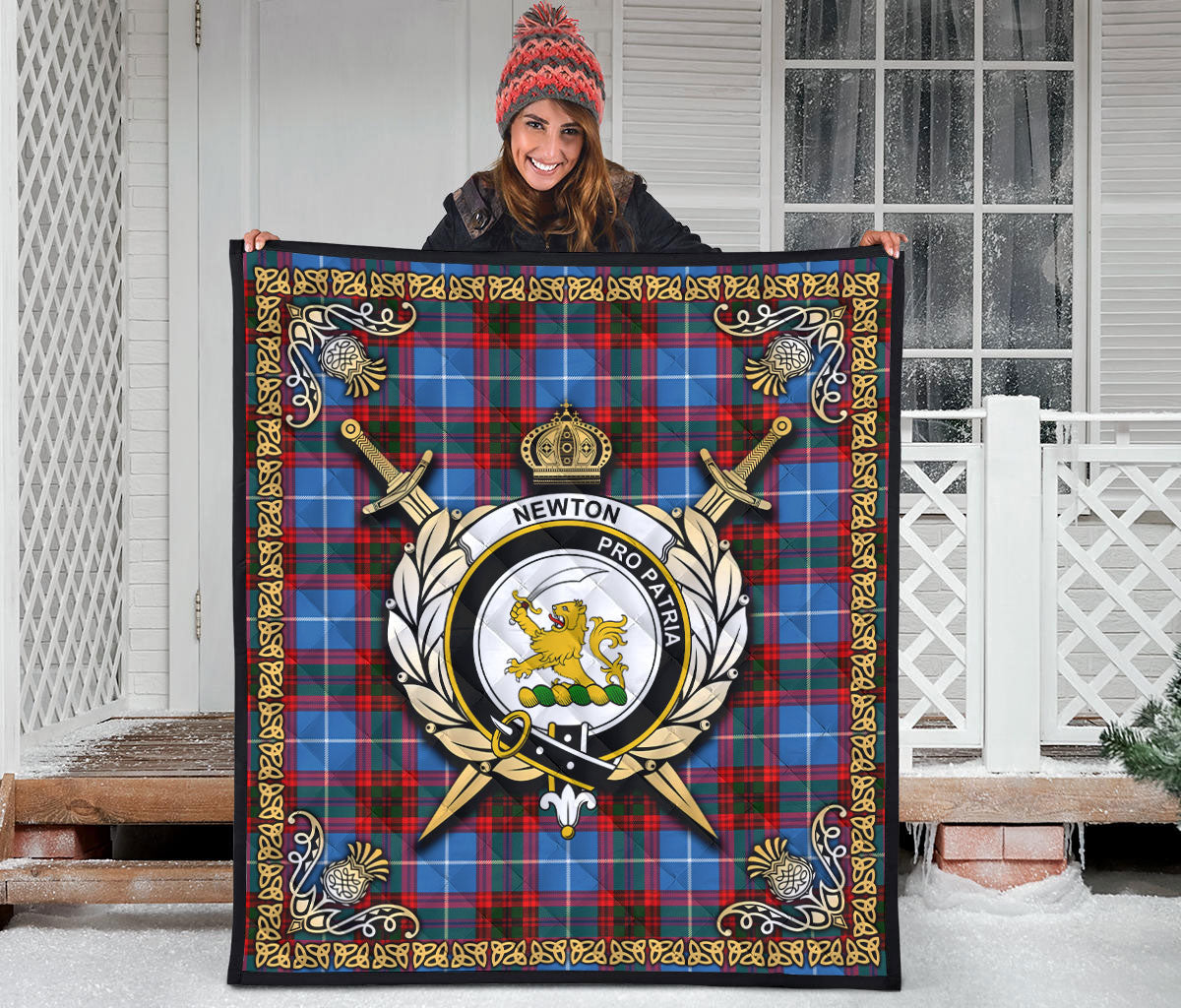 Newton Tartan Crest Premium Quilt - Celtic Thistle Style