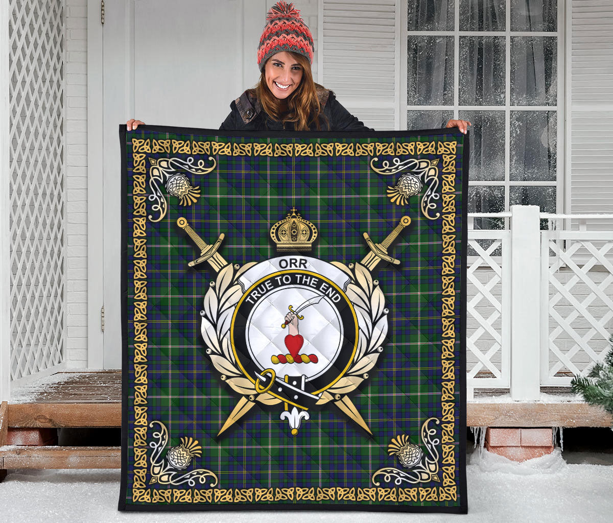 Orr Tartan Crest Premium Quilt - Celtic Thistle Style