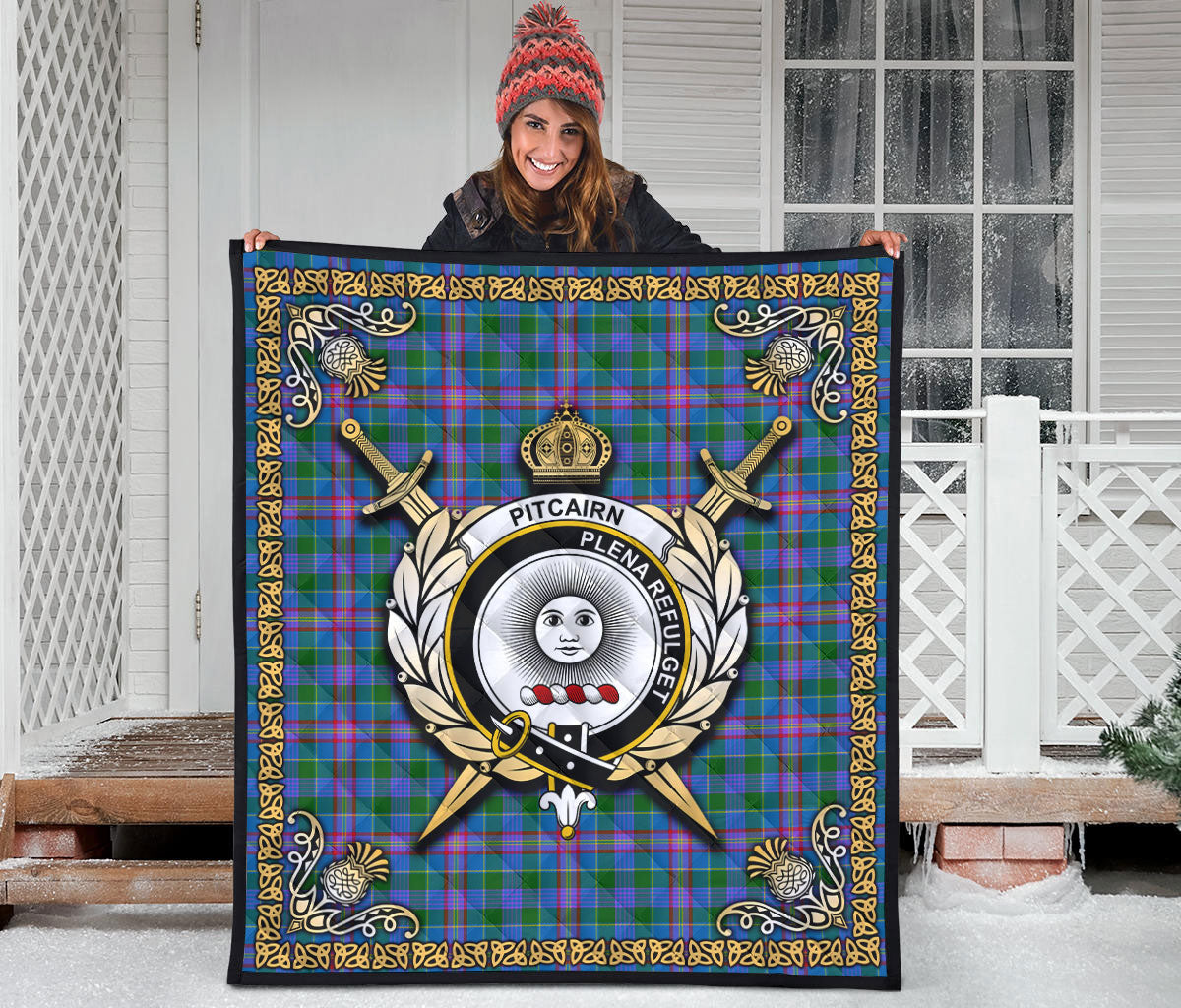 Pitcairn Hunting Tartan Crest Premium Quilt - Celtic Thistle Style