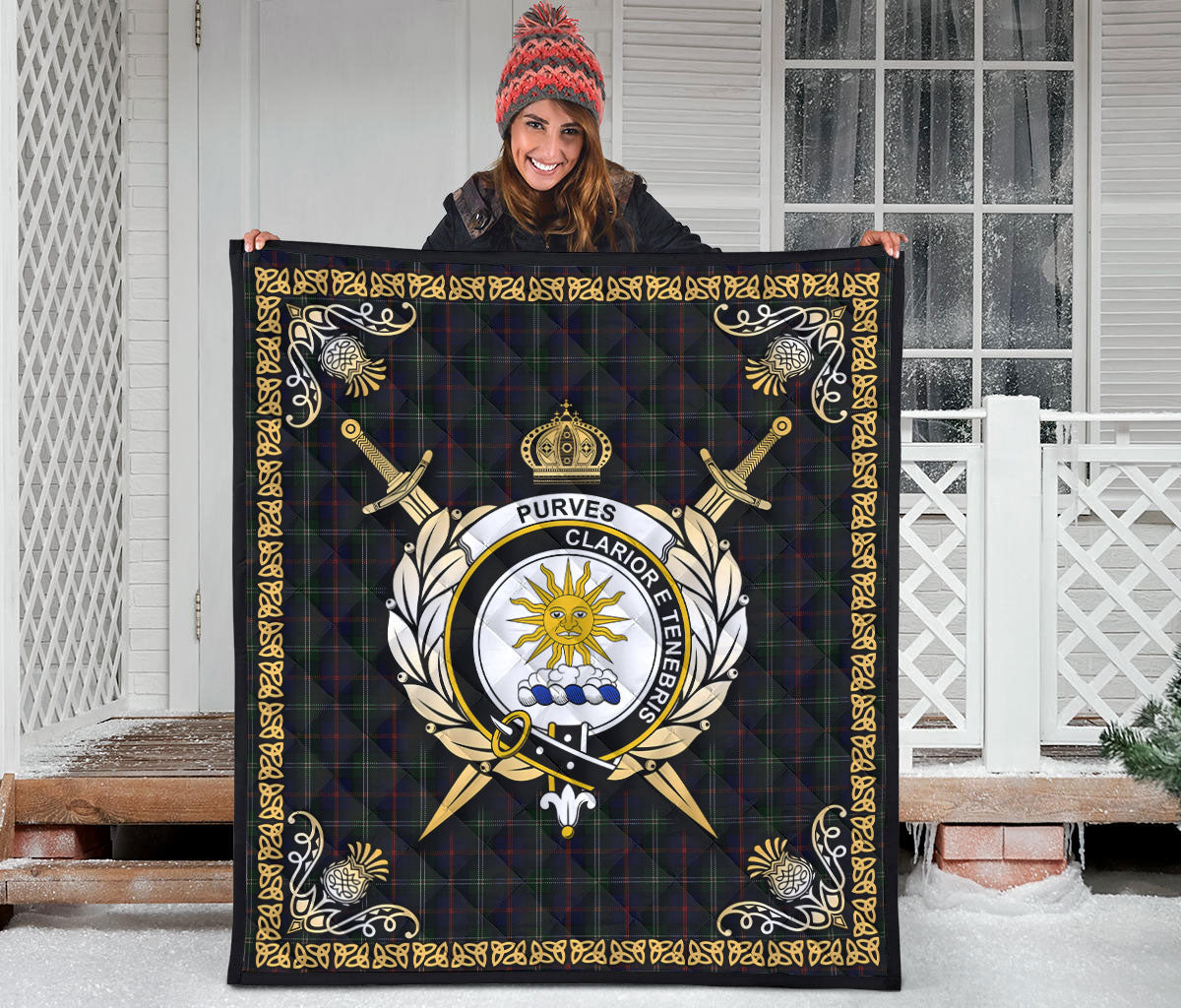 Purves Tartan Crest Premium Quilt - Celtic Thistle Style