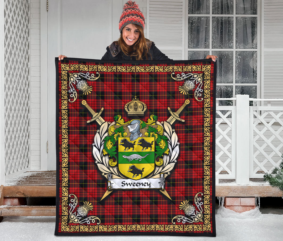 Sweeney Tartan Crest Premium Quilt - Celtic Thistle Style