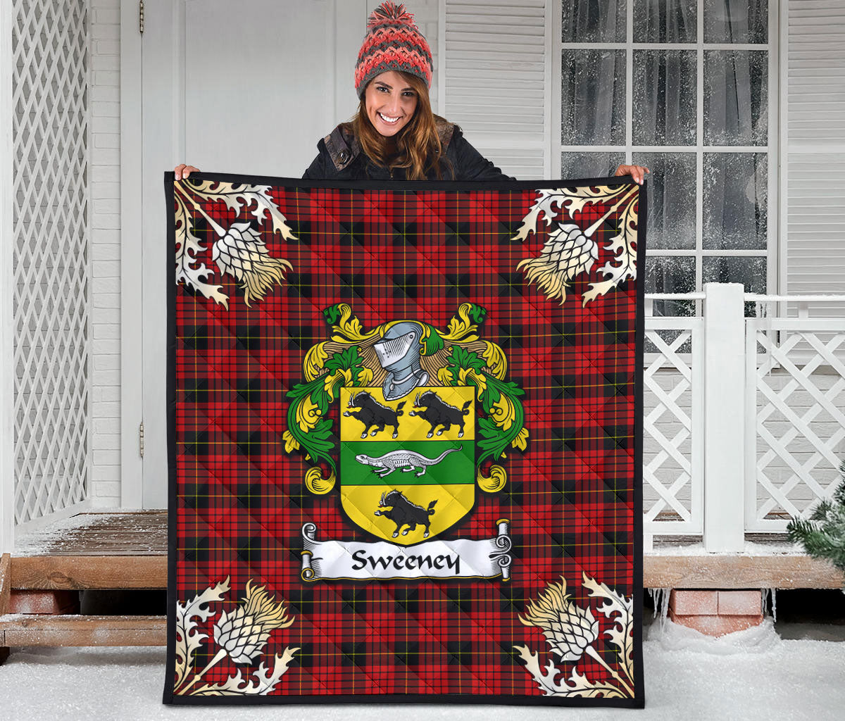 Sweeney Tartan Crest Premium Quilt - Gold Thistle Style